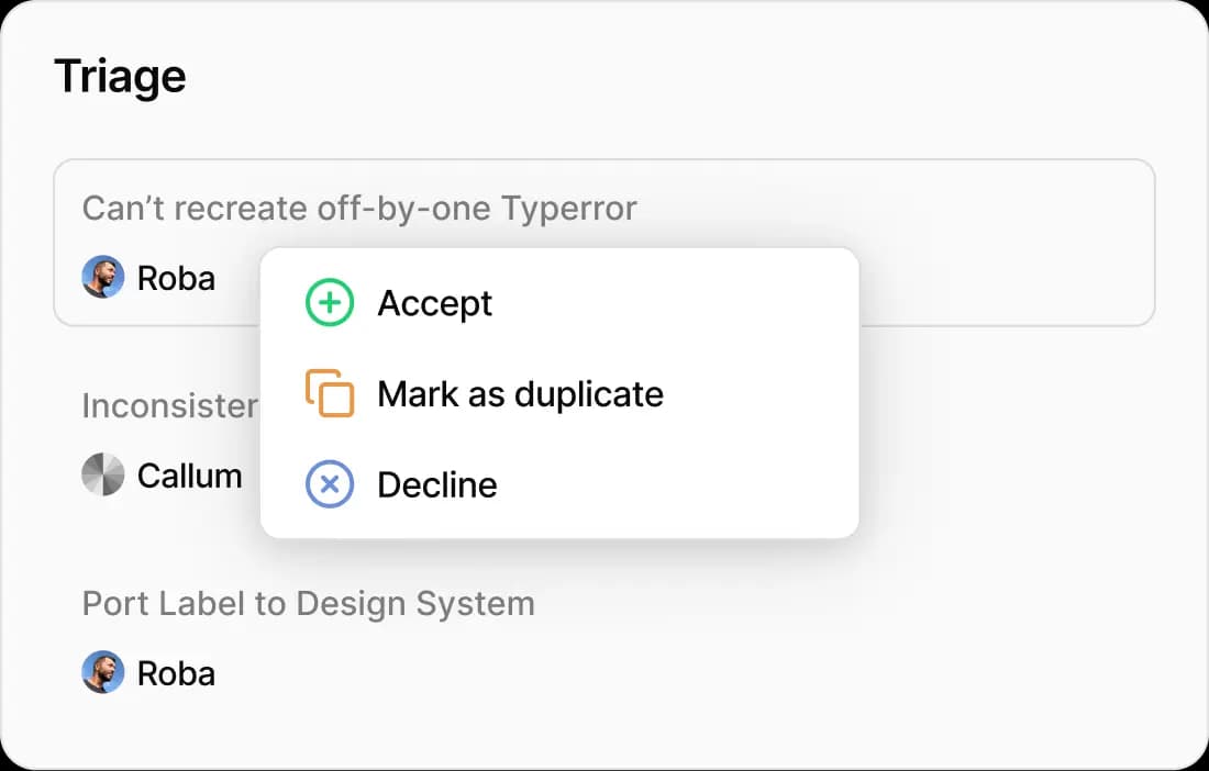 Triage interface showing issue management options